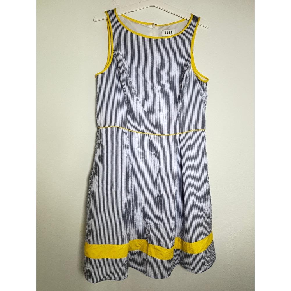 Elle Blue White Striped Seersucker Dress Yellow Trim Sleeveless Size L